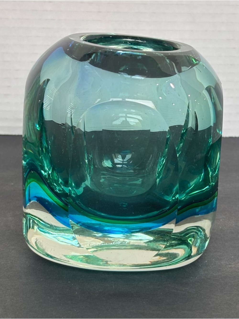 Murano Style Sommerso Art Glass Vase/Candle Teal Blue Heavy Glass Hand Blown4.5” - Picture 2 of 15